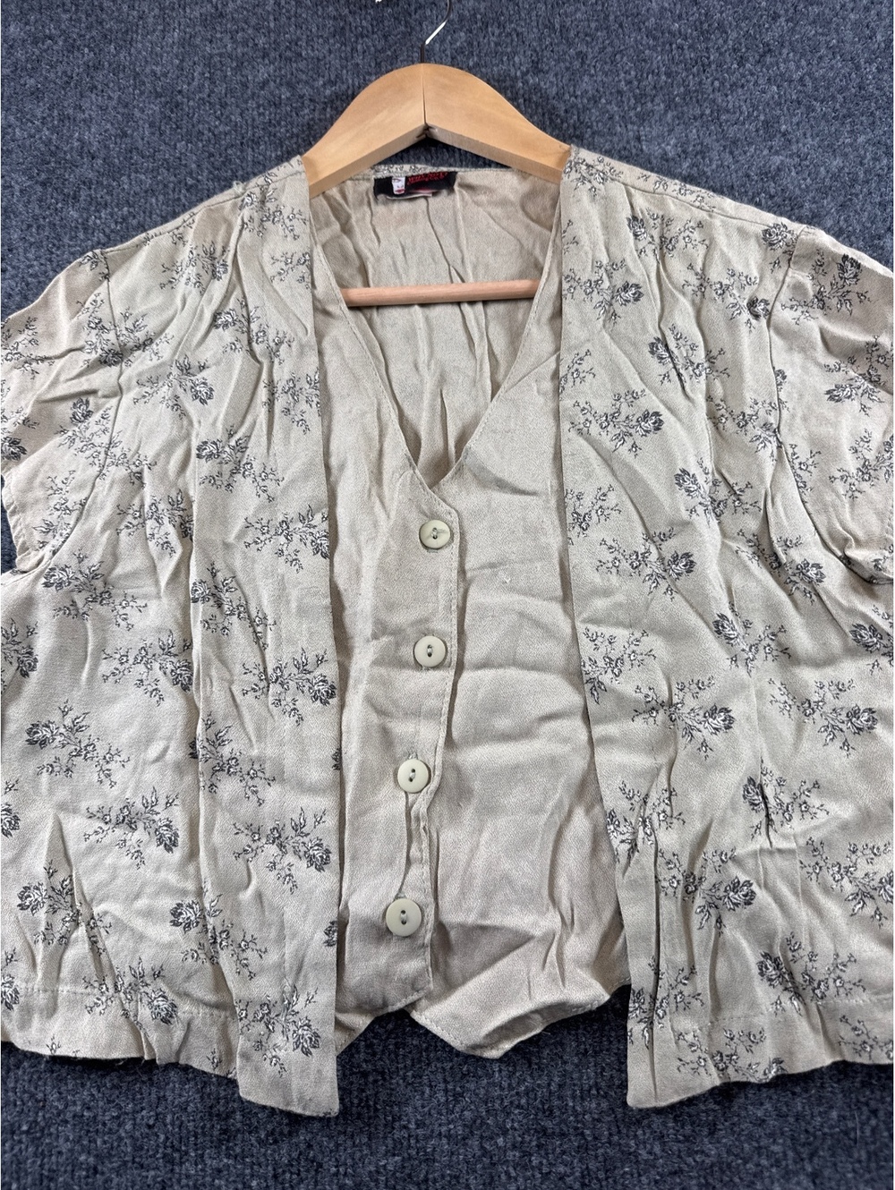 Why Not Clothing Co Womens Floral Button Front Blouse Beige Black Vintage